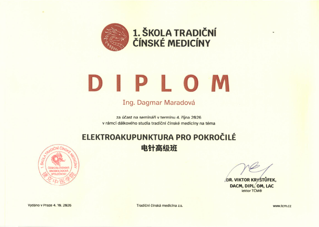 Diplom Dagmar Maradové o absolvování semináře Elektroakupunktura pro pokročilé, vydaný 1. školou tradiční čínské medicíny.