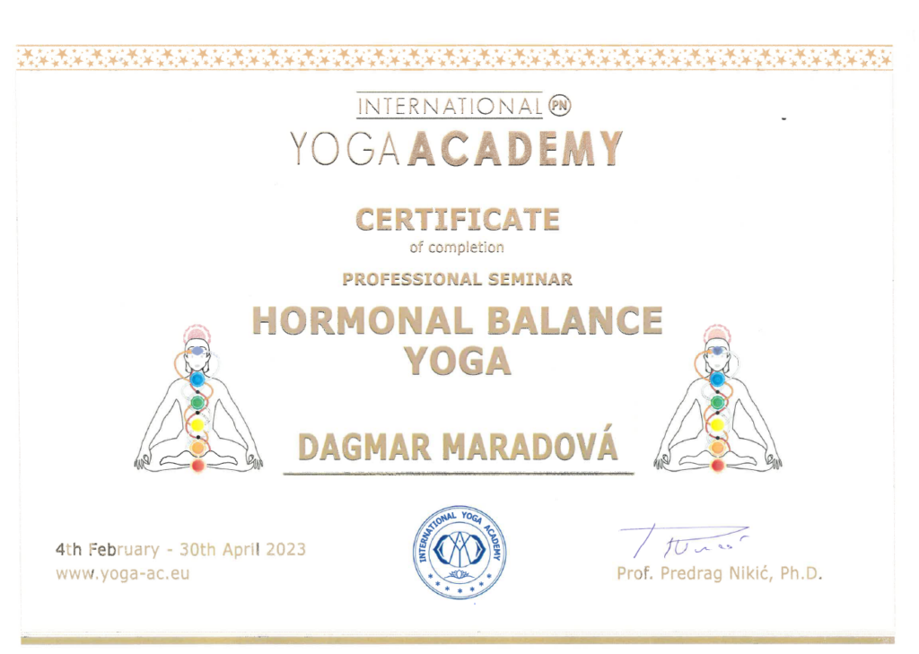 Certifikát Dagmar Maradové o absolvování semináře hormonální jógy (Hormonal Balance Yoga) od International Yoga Academy.