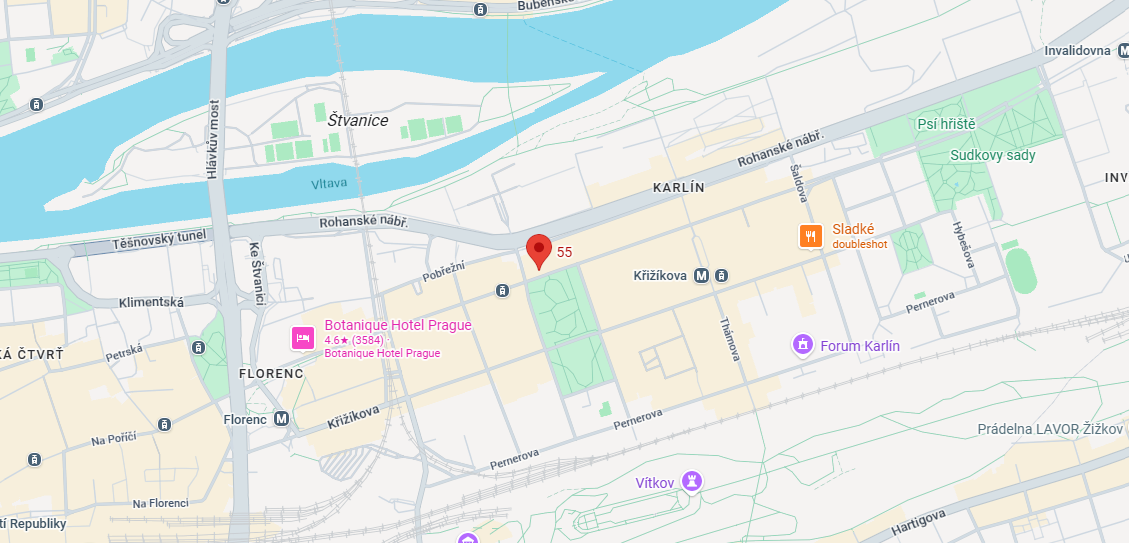Mapa polohy DaoVitalis na adrese Sokolovská 55, Praha 8 – Karlín, u Karlínského náměstí.