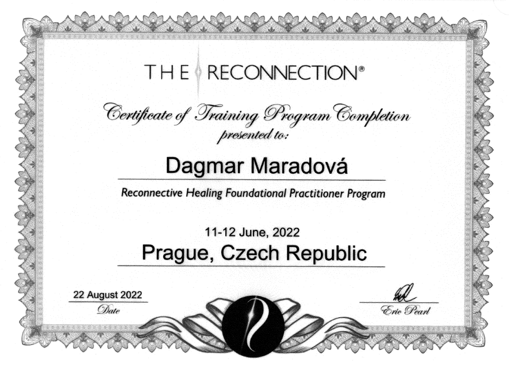 Certifikát Dagmar Maradové o absolvování programu Reconnective Healing Foundational Practitioner v Praze v roce 2022.