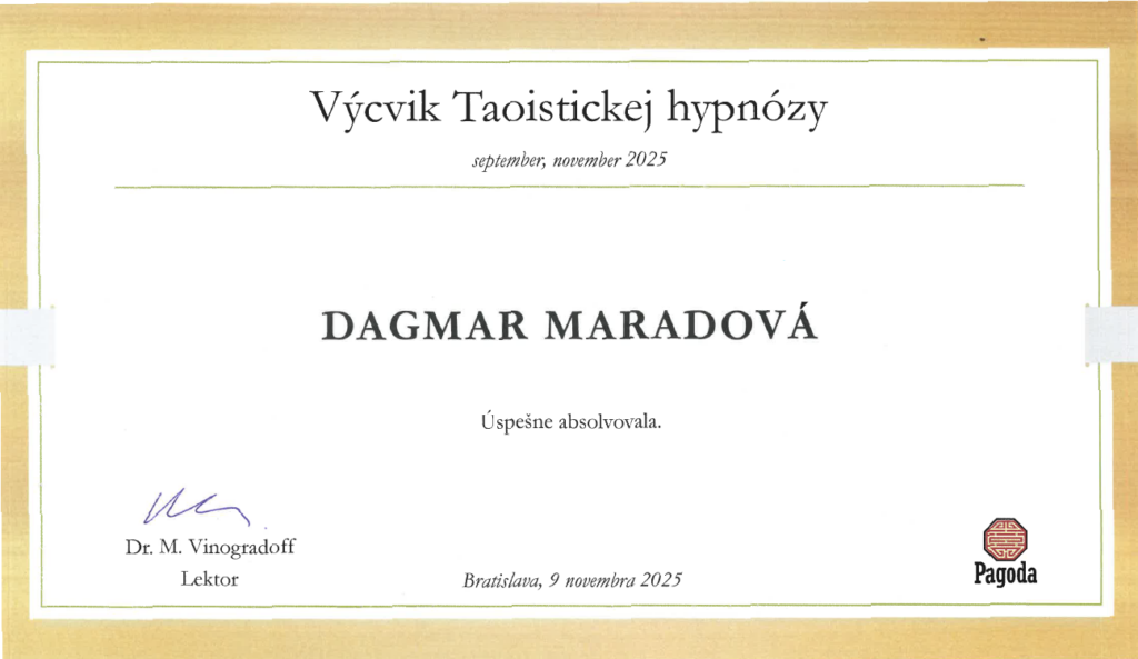 Osvědčení Dagmar Maradové o úspěšném absolvování výcviku taoistické hypnózy v listopadu 2025.