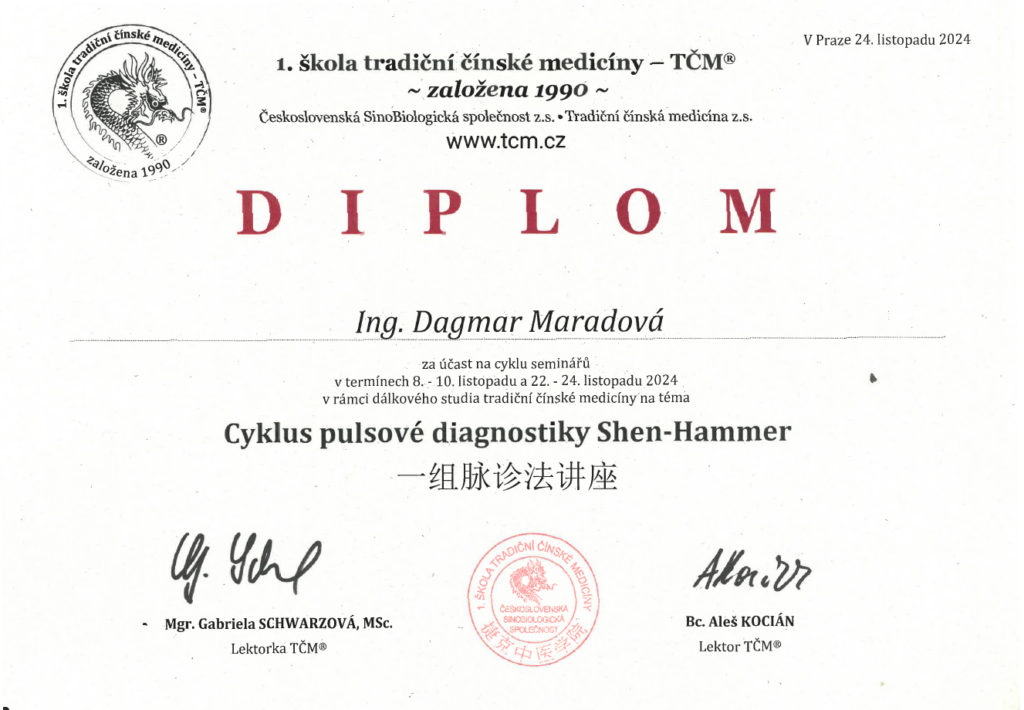 Diplom Dagmar Maradové o absolvování cyklu pulsové diagnostiky Shen-Hammer v 1. škole tradiční čínské medicíny – TČM.